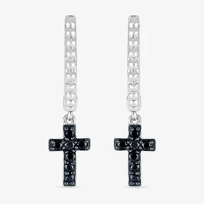 Womens 1/6 CT. T.W. Natural Black Diamond Sterling Silver 24mm Cross Hoop Earrings