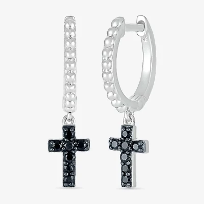 Womens 1/6 CT. T.W. Natural Black Diamond Sterling Silver 24mm Cross Hoop Earrings