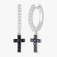 Womens 1/6 CT. T.W. Natural Black Diamond Sterling Silver 24mm Cross Hoop Earrings