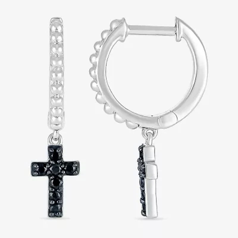 Womens 1/6 CT. T.W. Natural Black Diamond Sterling Silver 24mm Cross Hoop Earrings