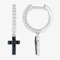 Womens 1/6 CT. T.W. Natural Black Diamond Sterling Silver 24mm Cross Hoop Earrings