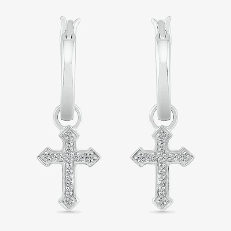 Womens Diamond Accent Natural White Diamond Sterling Silver 25.1mm Cross Hoop Earrings