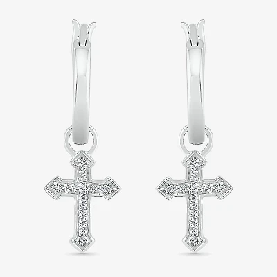 Womens Diamond Accent Natural White Diamond Sterling Silver 25.1mm Cross Hoop Earrings
