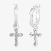 Womens Diamond Accent Natural White Diamond Sterling Silver 25.1mm Cross Hoop Earrings