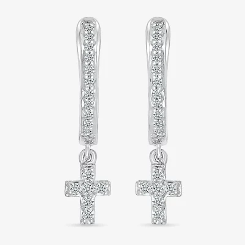Womens 1/6 CT. T.W. Natural White Diamond Sterling Silver 19.5mm Cross Hoop Earrings