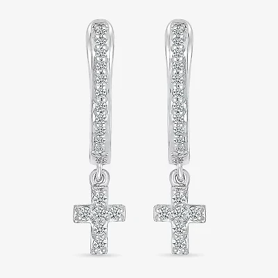 Womens 1/6 CT. T.W. Natural White Diamond Sterling Silver 19.5mm Cross Hoop Earrings