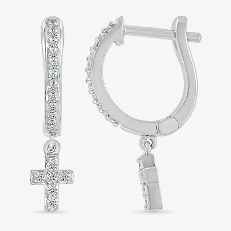 Womens 1/6 CT. T.W. Natural White Diamond Sterling Silver 19.5mm Cross Hoop Earrings
