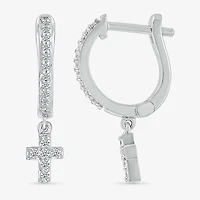 Womens 1/6 CT. T.W. Natural White Diamond Sterling Silver 19.5mm Cross Hoop Earrings