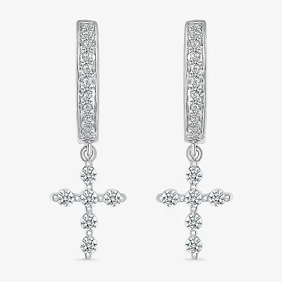 Womens 1/3 CT. T.W. Natural White Diamond Sterling Silver 25mm Cross Hoop Earrings