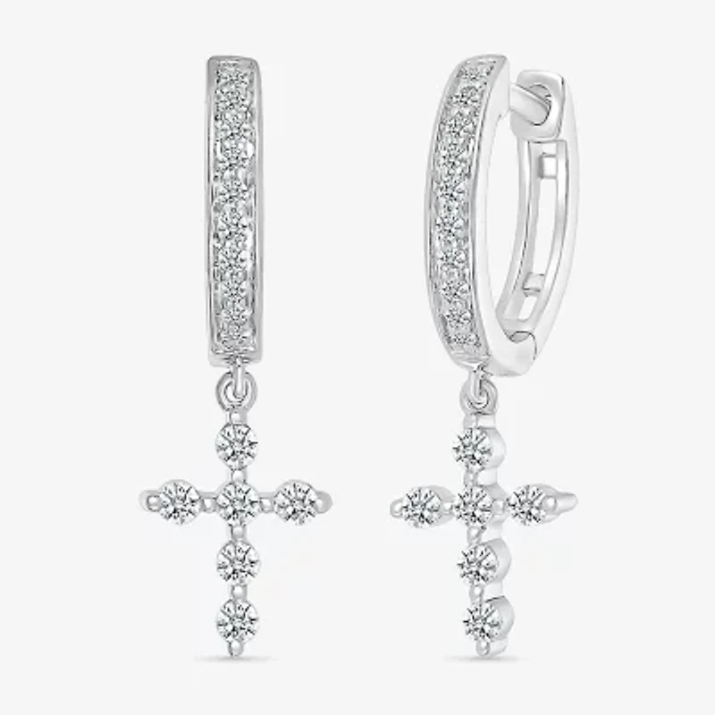 Womens 1/3 CT. T.W. Natural White Diamond Sterling Silver 25mm Cross Hoop Earrings