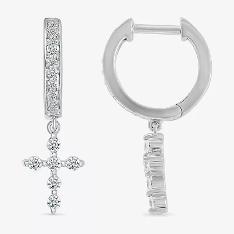 Womens 1/3 CT. T.W. Natural White Diamond Sterling Silver 25mm Cross Hoop Earrings