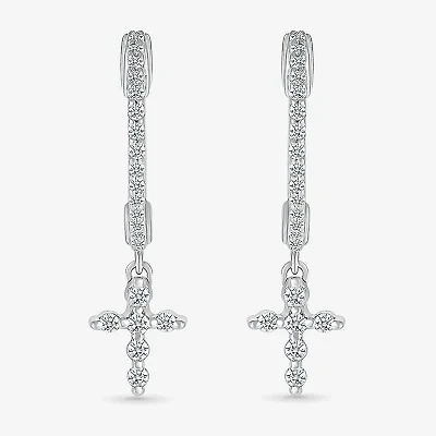 Womens 1/4 CT. T.W. Natural White Diamond Sterling Silver 22.4mm Cross Hoop Earrings