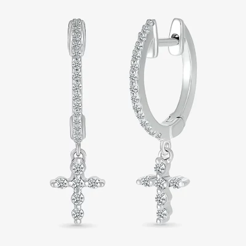 Womens 1/4 CT. T.W. Natural White Diamond Sterling Silver 22.4mm Cross Hoop Earrings