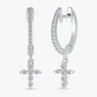Womens 1/4 CT. T.W. Natural White Diamond Sterling Silver 22.4mm Cross Hoop Earrings