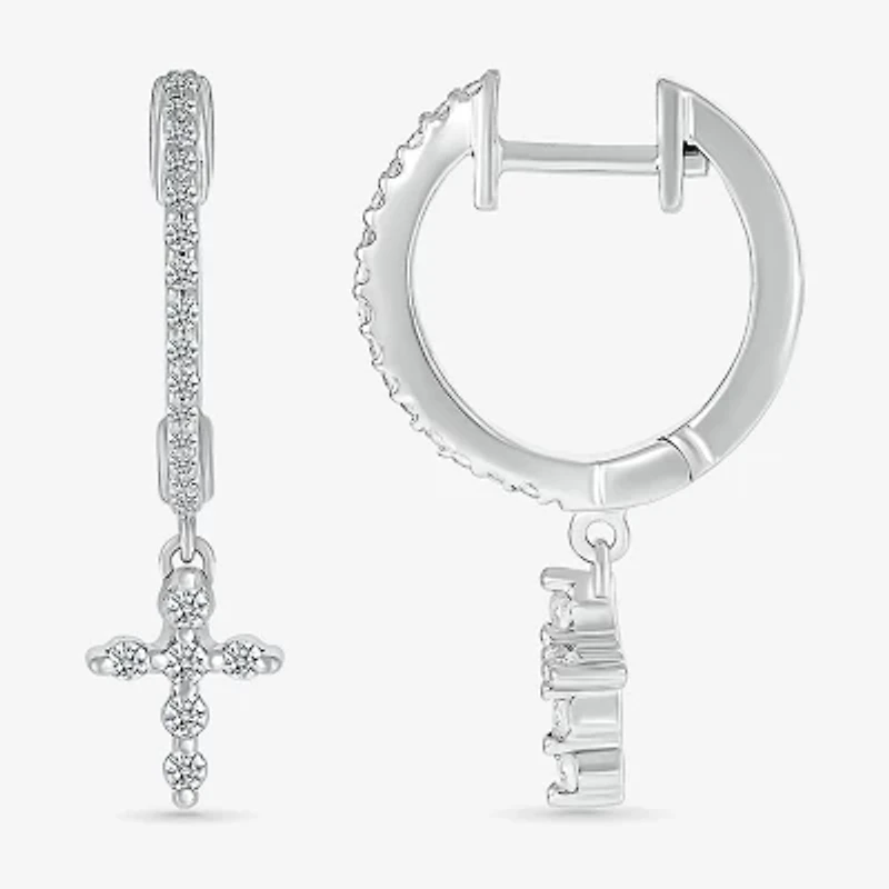 Womens 1/4 CT. T.W. Natural White Diamond Sterling Silver 22.4mm Cross Hoop Earrings