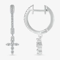 Womens 1/4 CT. T.W. Natural White Diamond Sterling Silver 22.4mm Cross Hoop Earrings