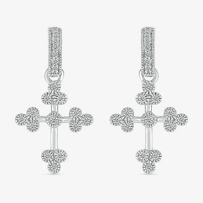 Womens 1/5 CT. Natural White Diamond Sterling Silver Cross Drop Earrings