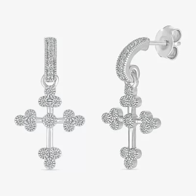 Womens 1/5 CT. Natural White Diamond Sterling Silver Cross Drop Earrings