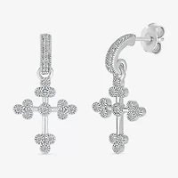 Womens 1/5 CT. Natural White Diamond Sterling Silver Cross Drop Earrings