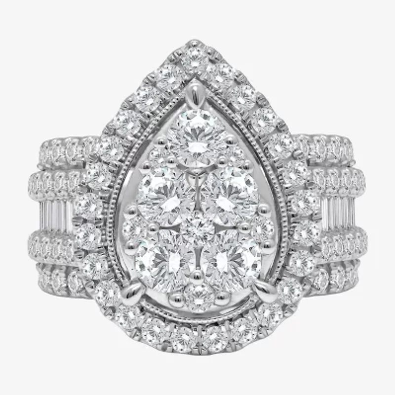 4 CT.T.W. Natural Diamond Pear Shape Side Stone Halo Engagement Ring 10K or 14K White Gold