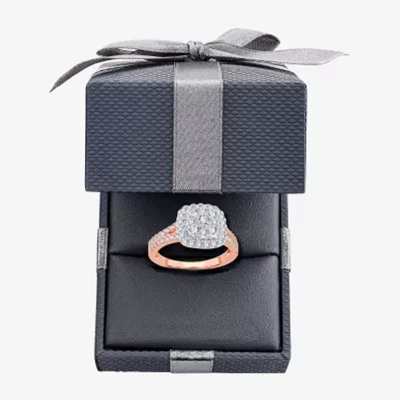(H-I / I1) Womens 1 CT. T.W. Lab Grown White Diamond 10K or 14K Gold Cushion Side Stone Halo Engagement Ring