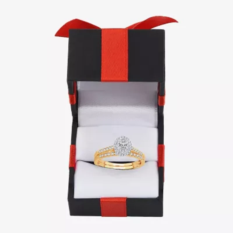Womens 1/2 CT.T.W. Natural Diamond 10K or 14K Gold Oval Side Stone Halo Bridal Set