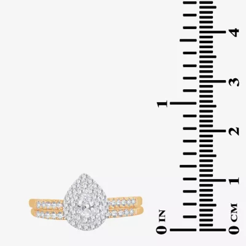 Womens 1/2 CT.T.W. Natural Diamond 10K or 14K Gold Pear Side Stone Halo Bridal Set