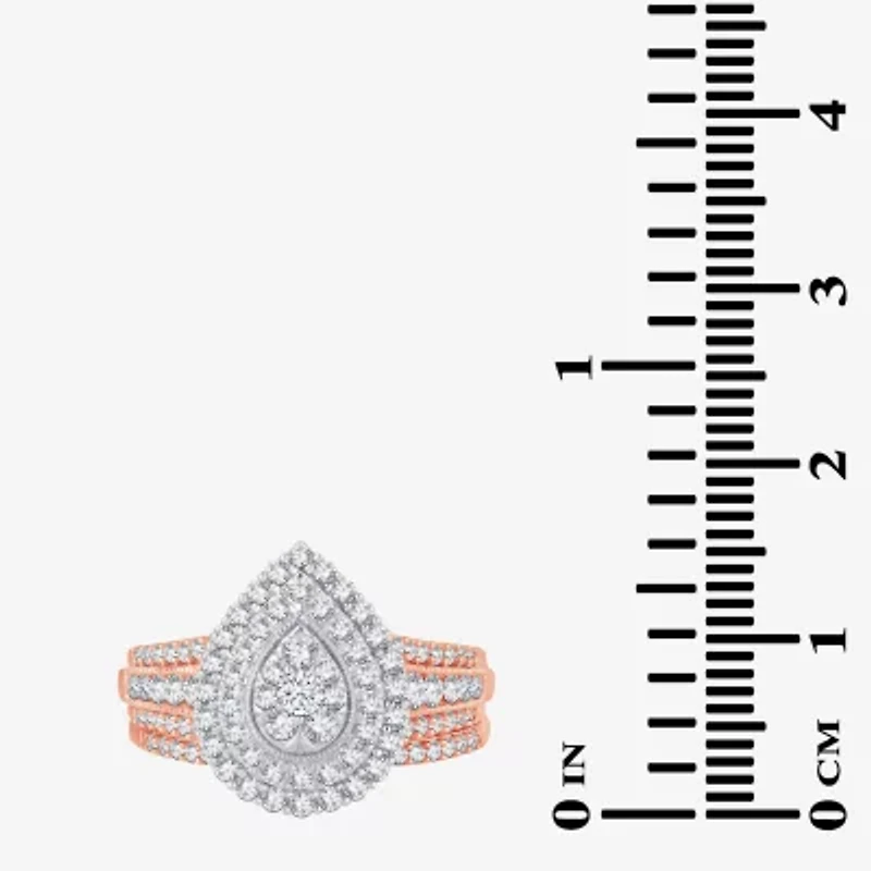 Womens 1 CT.T.W. Natural Diamond 10K or 14K White Gold Pear Halo Bridal Set