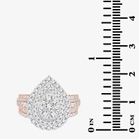 Womens 2 CT.T.W. Natural Diamond 10K or 14K Gold Pear Side Stone Halo Bridal Set