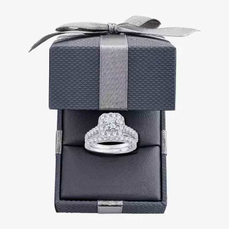 (H-I / Si1-Si2) Womens 2 CT. T.W. Lab Grown White Diamond 10K or 14K Gold Cushion Side Stone Halo Bridal Set