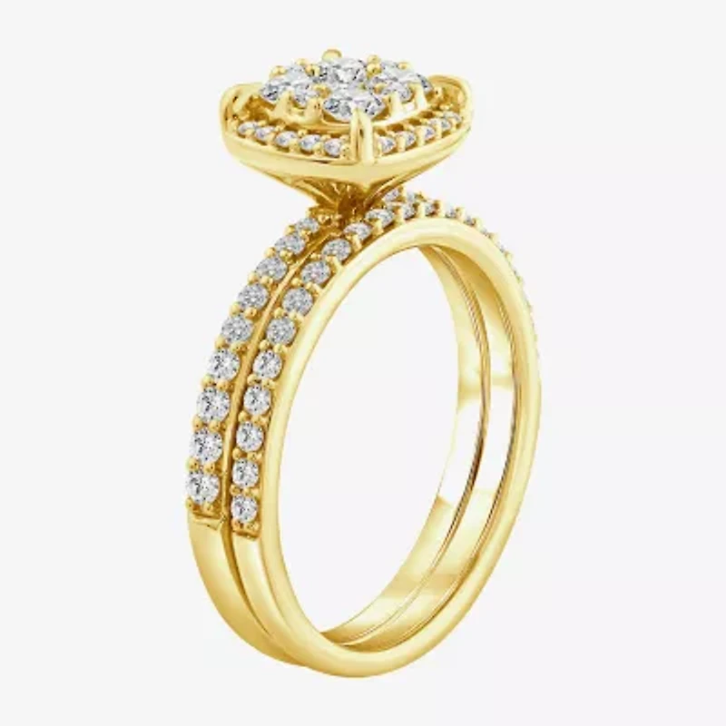 Womens 1 CT. T.W. Natural White Diamond 10K Gold Halo Engagement Ring