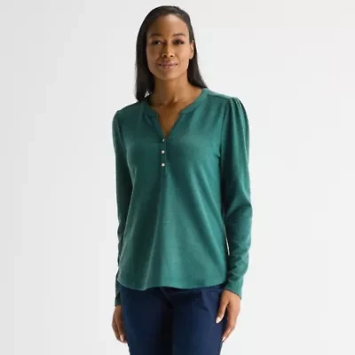 Liz Claiborne Womens Tall Split Crew Neck Long Sleeve Blouse