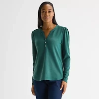 Liz Claiborne Womens Tall Split Crew Neck Long Sleeve Blouse