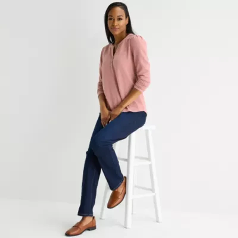 Liz Claiborne Womens Tall Split Crew Neck Long Sleeve Blouse