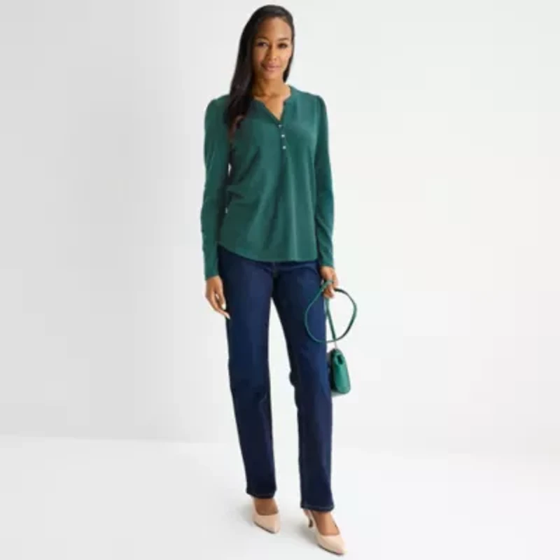 Liz Claiborne Womens Tall Split Crew Neck Long Sleeve Blouse