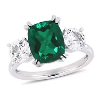 Womens Lab Created Green Emerald 10K White Gold 3-Stone Cocktail Ring
