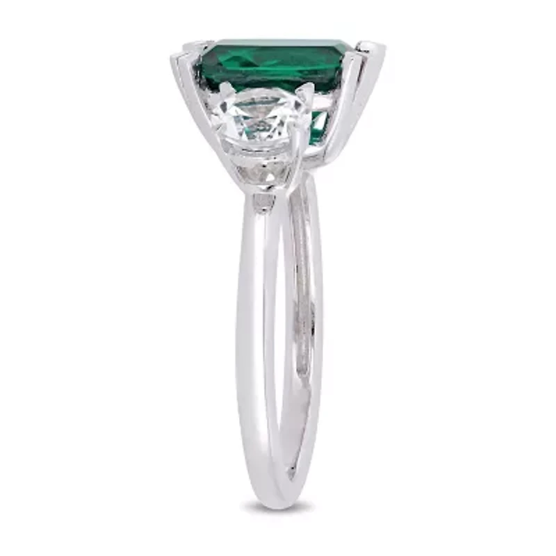 Womens Lab Created Green Emerald 10K White Gold 3-Stone Cocktail Ring