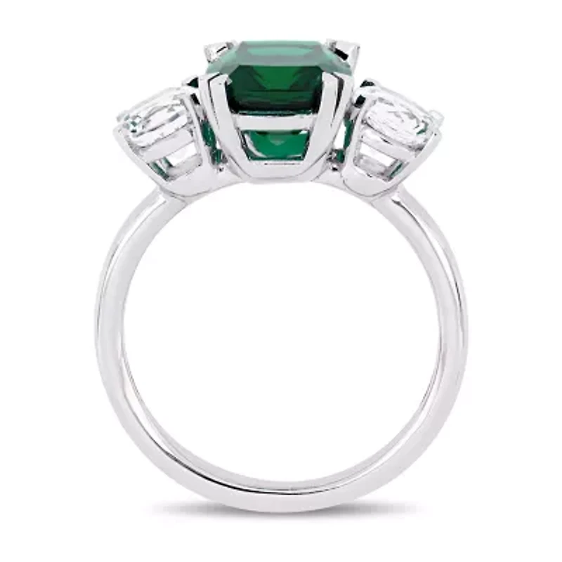 Womens Lab Created Green Emerald 10K White Gold 3-Stone Cocktail Ring
