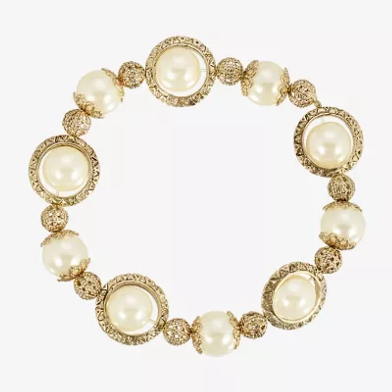 1928 Gold Tone Womens Simulated Pearl Stretch Bracelet