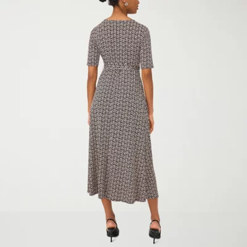 MSK Womens Short Sleeve Geometric Midi Fit + Flare Dress