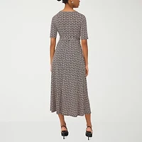 MSK Womens Short Sleeve Geometric Midi Fit + Flare Dress