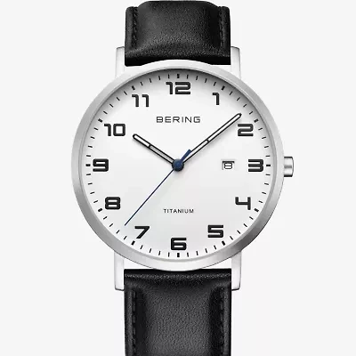 Bering Mens Black Leather Strap Watch 18640-404