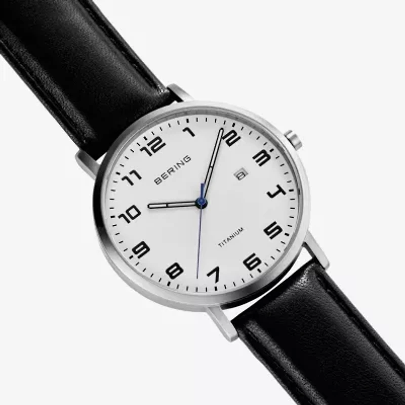 Bering Mens Black Leather Strap Watch 18640-404