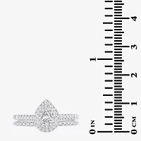 1/2 CT.T.W. Natural Diamond Pear Shape Side Stone Halo Bridal Set 10K or 14K White Gold