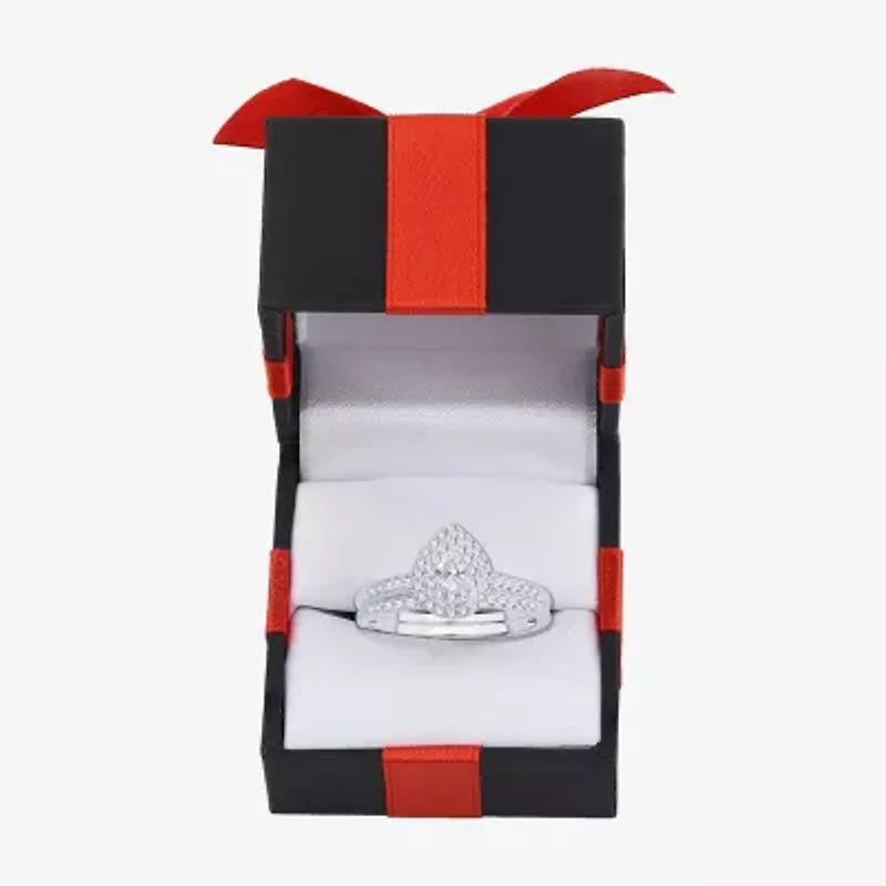1/2 CT.T.W. Natural Diamond Pear Shape Side Stone Halo Bridal Set 10K or 14K White Gold