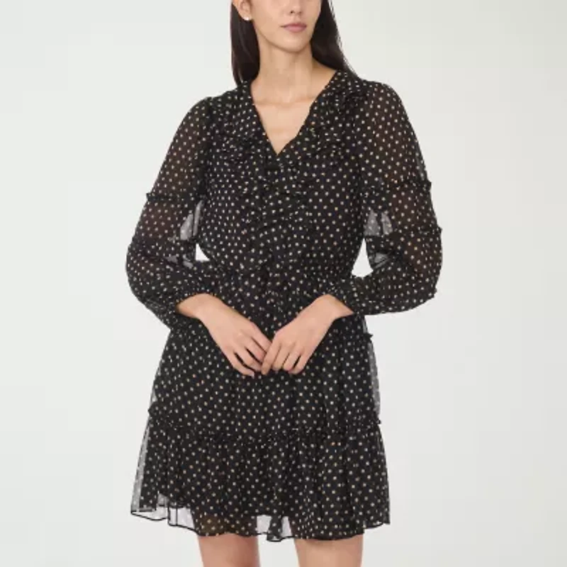 CeCe Womens Long Sleeve Polka Dot Fit + Flare Dress