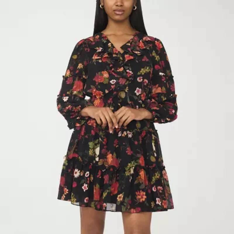 CeCe Womens Long Sleeve Floral Fit + Flare Dress