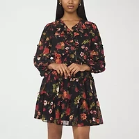 CeCe Womens Long Sleeve Floral Fit + Flare Dress