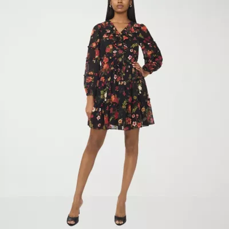 CeCe Womens Long Sleeve Floral Fit + Flare Dress