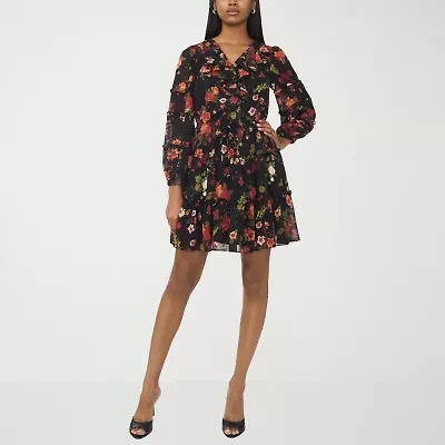 CeCe Womens Long Sleeve Floral Fit + Flare Dress